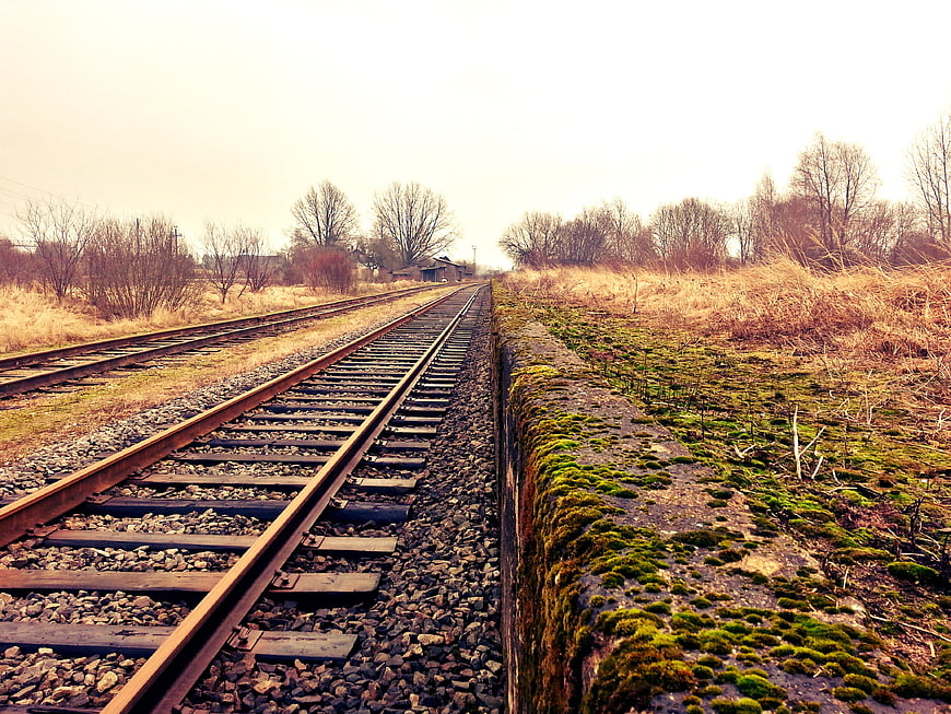 Rusty railway tracks stretching into rural countryside