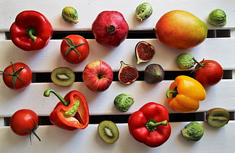 Colorful Fresh Fruits And Vegetables Flat Lay On White Wooden Slats
