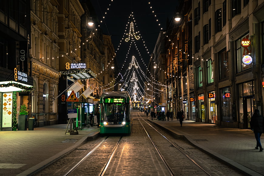 Helsinki tram on Esplanadi street with Christmas lights