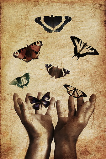Vintage Hands Releasing Butterflies on Textured Background