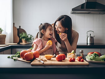 Happy mother and daughter cooking with fresh vegetables in kitchen