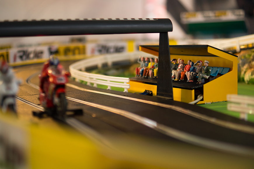 Miniature Slot Car Racing Track with Spectators