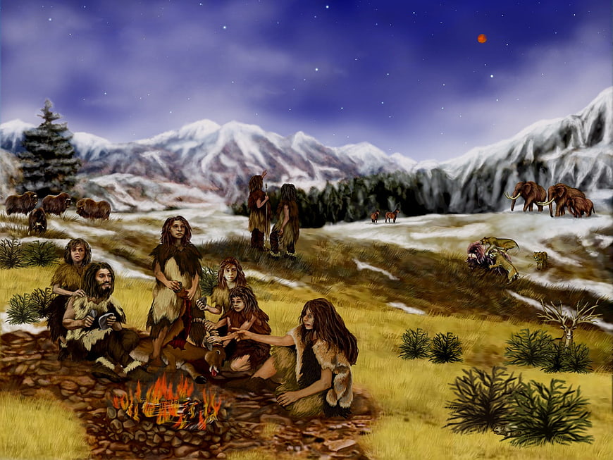 Prehistoric Neanderthal Campfire Scene with Mammoths and Mountains