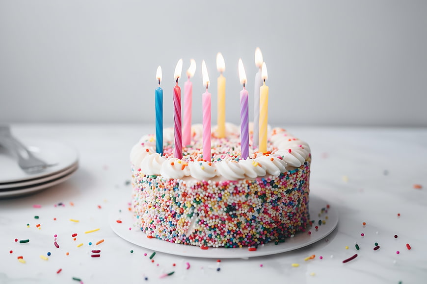 Colorful Birthday Cake with Sprinkles and Lit Candles