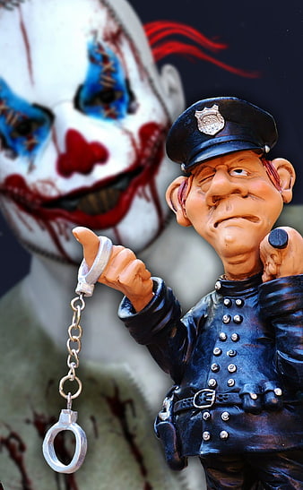 Police Officer Figurine with Handcuffs and Scary Clown Background