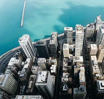 Aerial View of Chicago Skyline and Lake Michigan