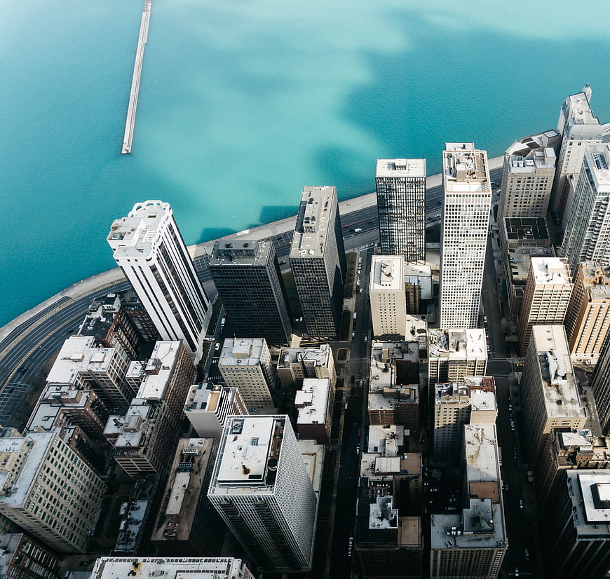 Aerial View of Chicago Skyline and Lake Michigan