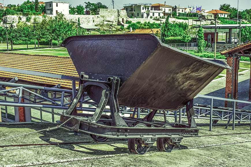 Vintage industrial railway hopper wagon in Greek museum