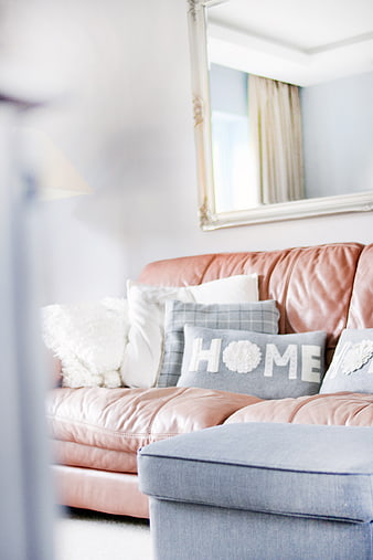 Cozy Living Room with Pink Leather Sofa and Home Pillow