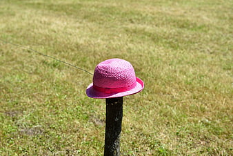 Pink straw hat on wooden fence post in grassy field