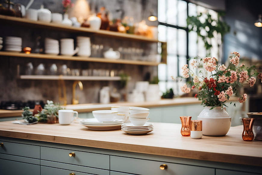 Modern kitchen island with flowers and dishes