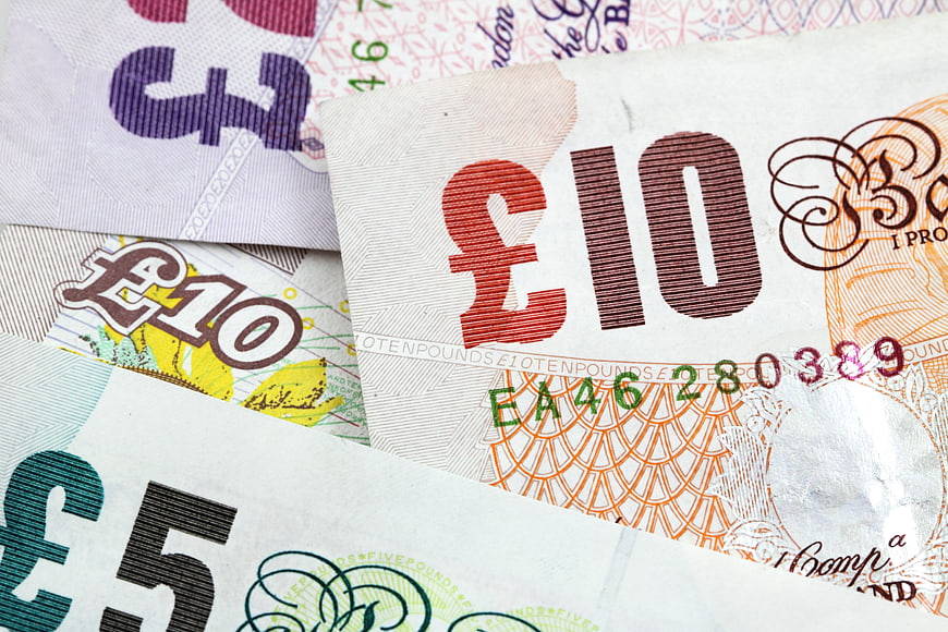 Close-up of British Pound Banknotes Including Ten and Five Pounds