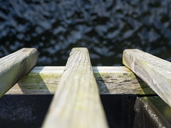 Close-up of weathered wooden dock planks over dark water