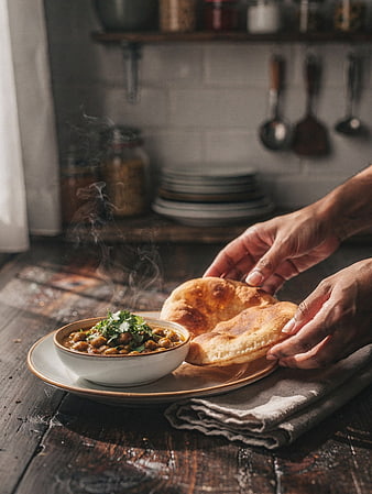 Steaming Indian Chickpea Curry with Naan Bread