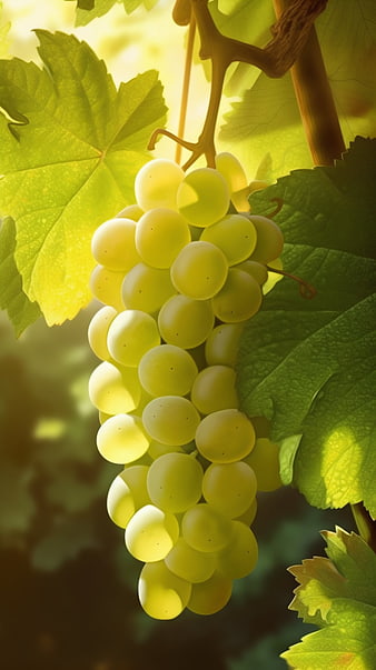 Close-up of white wine grapes on vine in sunlight