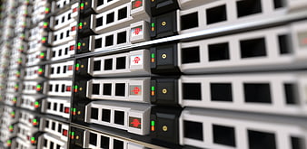 Close-up of server rack with blinking LED lights