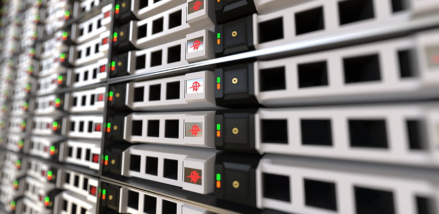 Close-up of server rack with blinking LED lights