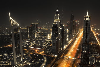 Dubai skyline night long exposure skyscrapers