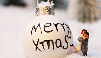 Merry Christmas Ornament With Couple Figurine In Snow