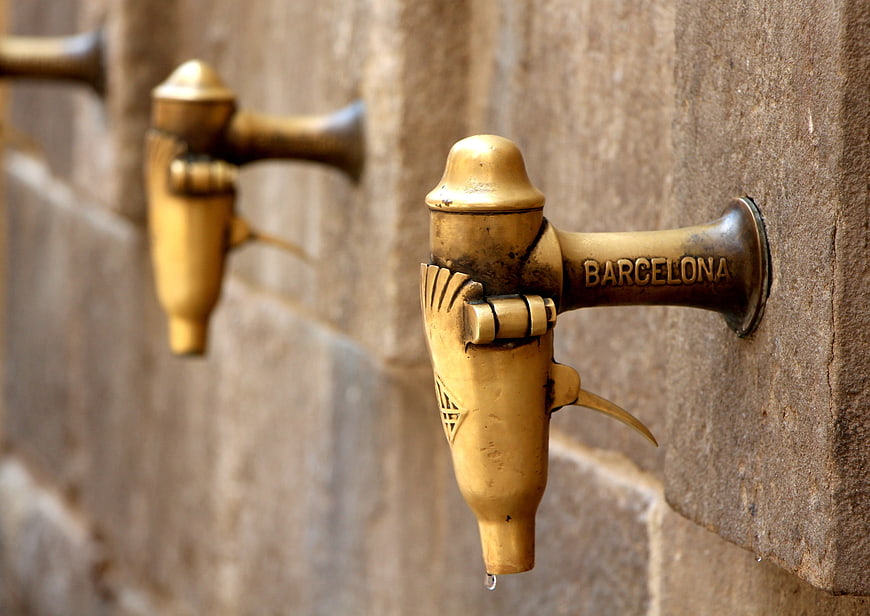 Close-up of brass drinking fountain tap in Barcelona