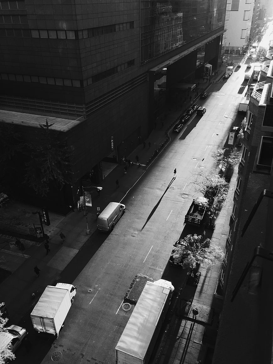 High Angle Black and White Urban Street Scene with Shadows