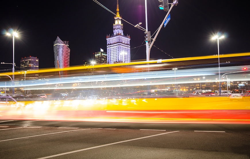 Night traffic light trails in Warsaw cityscape