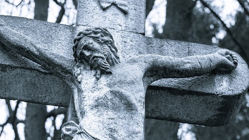 Weathered Stone Crucifixion Sculpture In Black And White