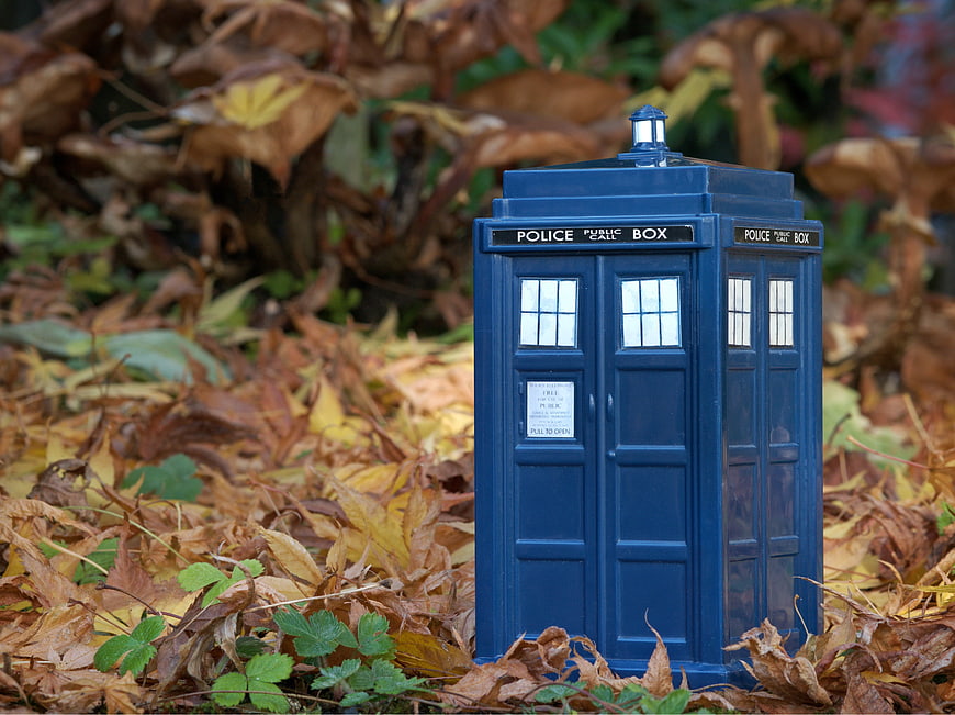 Miniature Blue Police Box Model in Autumn Leaves