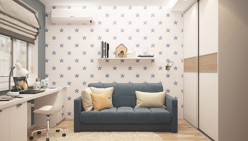 Modern blue and white star-patterned children's room interior