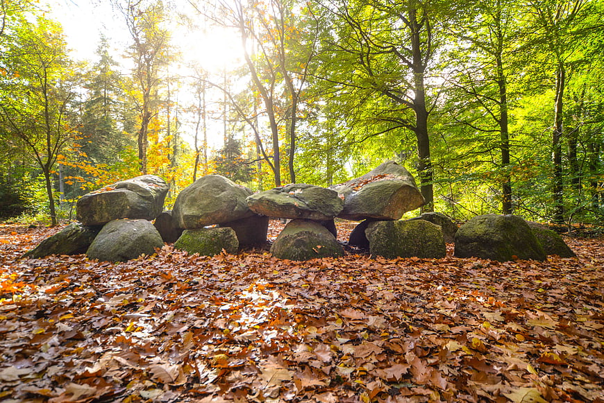Ancient megalithic tomb in autumn forest with fallen leaves