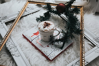 Cozy Christmas Hot Chocolate with Book and Decorations