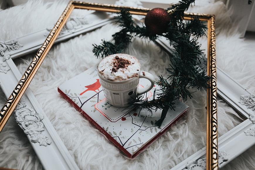 Cozy Christmas Hot Chocolate with Book and Decorations