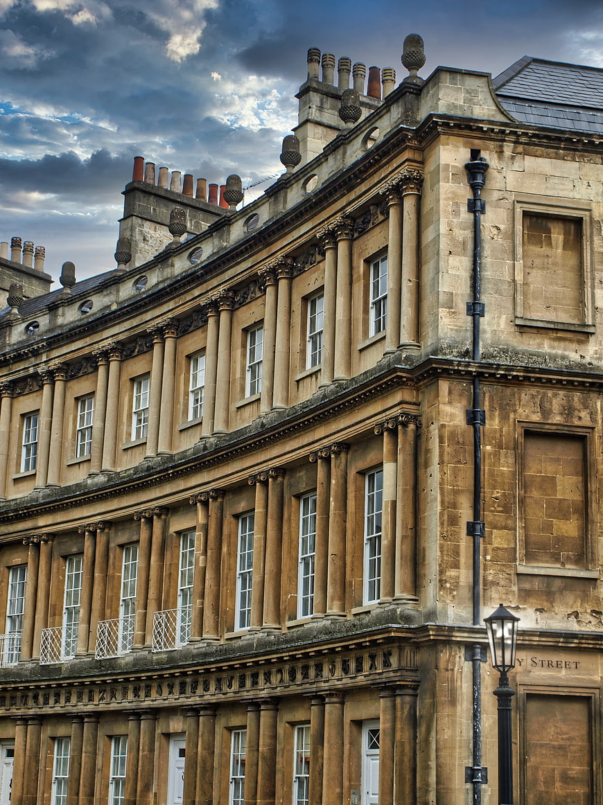 Georgian architecture facade with dramatic cloudy sky
