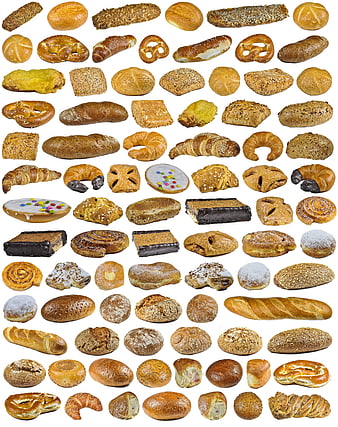 Collection of German breads, pretzels, and pastries on white background