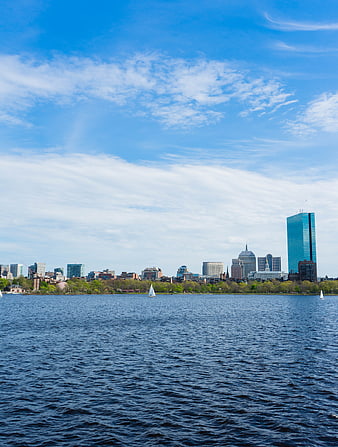 Boston Skyline View from Water with Sailboats