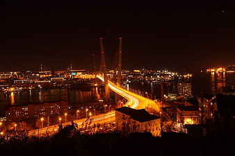 Night cityscape with illuminated cable-stayed bridge and traffic light trails