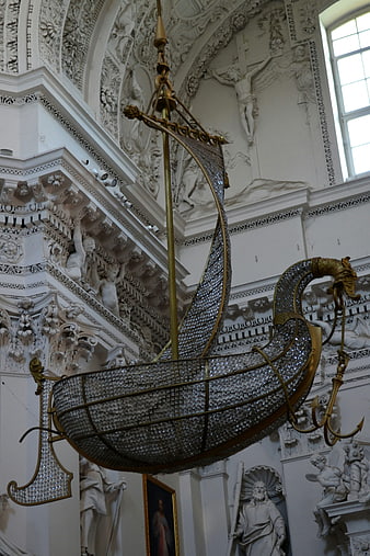 Ornate Baroque Ship Chandelier in White Church Interior