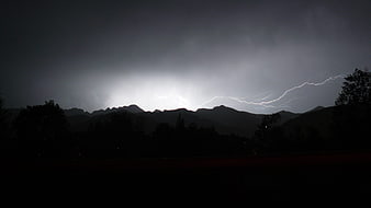 Dramatic lightning bolt striking over dark mountain silhouette