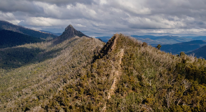 Dramatic Mountain Ridge with Forest and Cloudy Sky