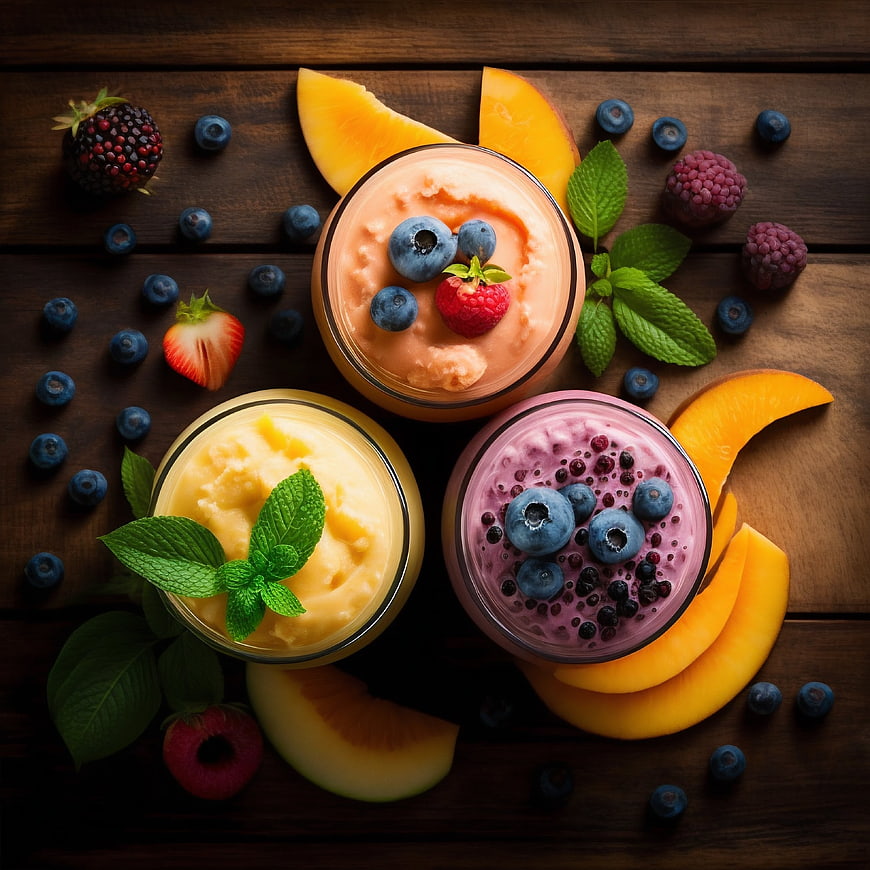 Top View of Three Colorful Fruit Smoothies with Fresh Berries