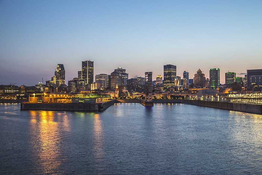 Montreal Downtown Skyline at Dusk with Water Reflections