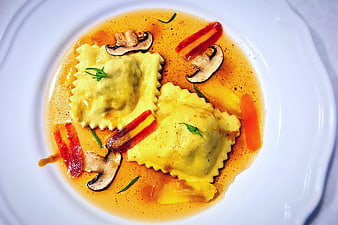 Top View of Gourmet Ravioli Pasta with Mushrooms and Sauce