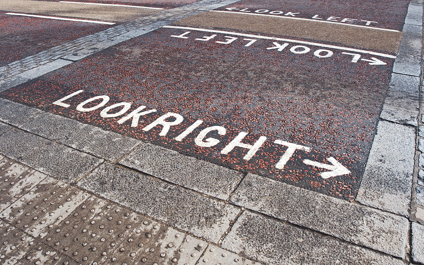 Look Right and Look Left Road Markings on Urban Street Crossing