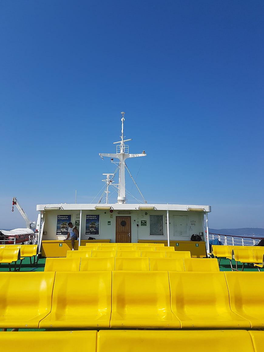 Yellow Seats on Ferry Deck Under Blue Sky