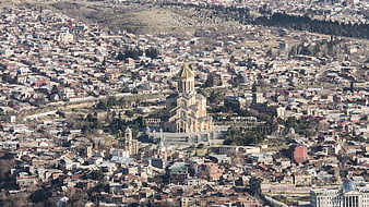 Aerial View of Holy Trinity Cathedral in Tbilisi Cityscape