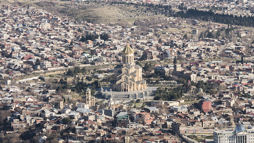 Aerial View of Holy Trinity Cathedral in Tbilisi Cityscape
