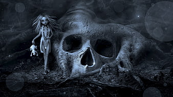 Gothic doll standing beside giant skull in dark forest