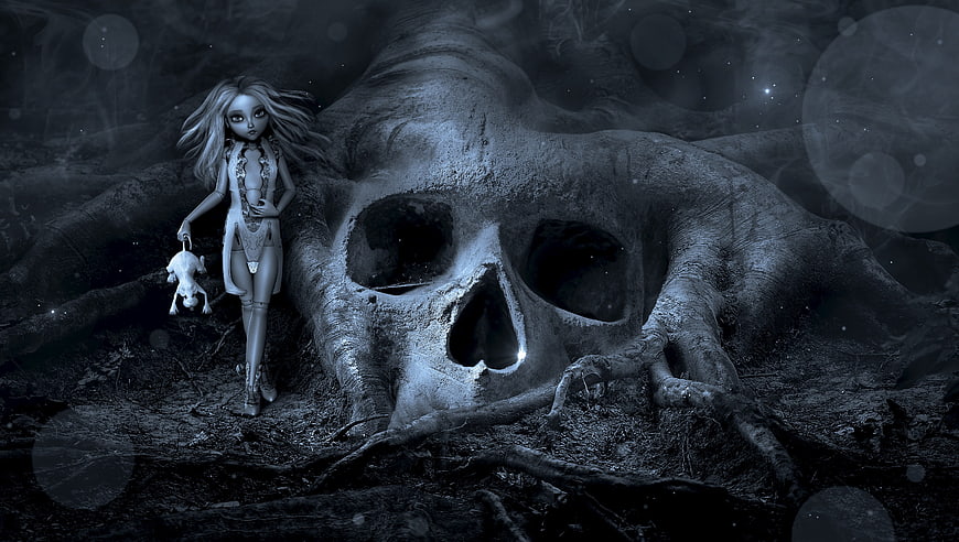 Gothic doll standing beside giant skull in dark forest