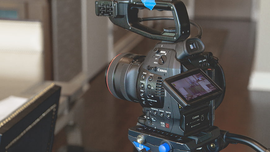 Professional Canon Cinema Camera on Tripod in Studio