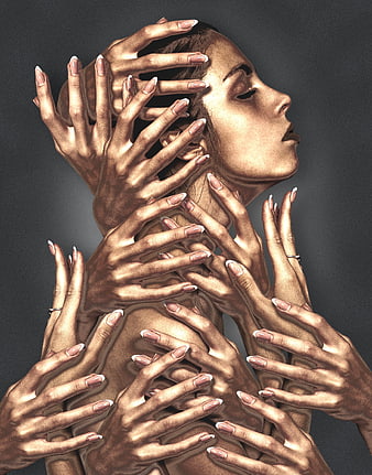 Surreal Portrait of Woman with Multiple Bronze Hands